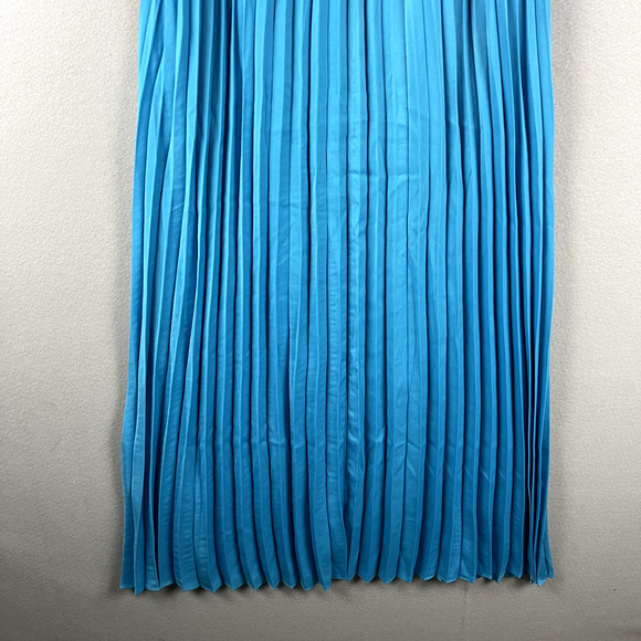 Avara Mixed Media Pleated Midi Dress Womens XL Blue Mock Neck Knit Satin Chic - Picture 12 of 15